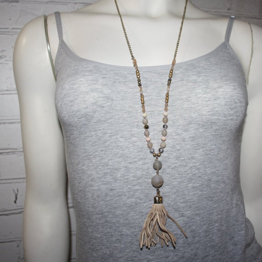 Beautiful gold, crystal, stone and tan tassel necklace 32-35"